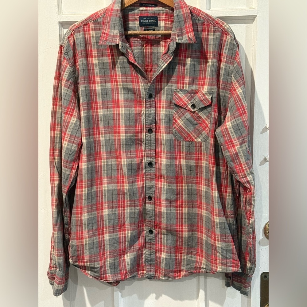 Lucky Brand Red and Gray Plaid Button Down Shirt